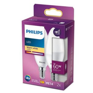 Set 2 becuri LED Philips B38, EyeComfort, E14, 7W (60W), 806 lm, lumina calda (2700K), mat 000008719514310179