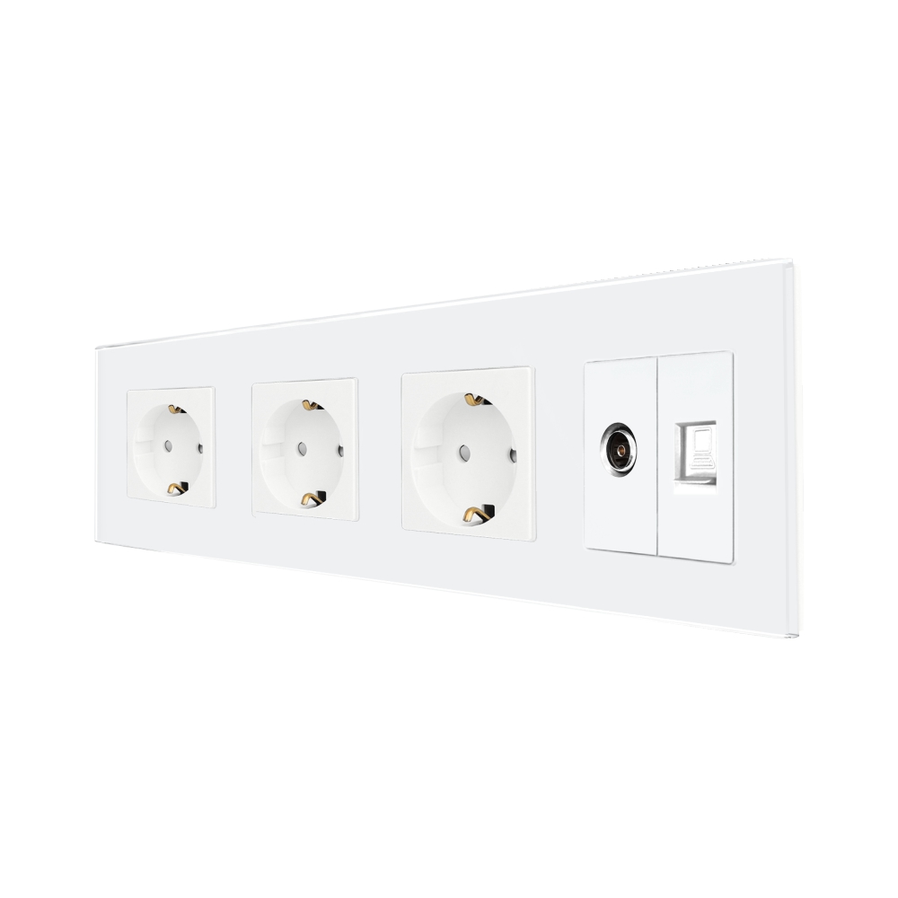 Priza Tripla Schuko + TV + Internet cu Rama Din Sticla LUXION