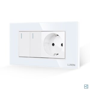 Intrerupator Dublu Cap Scara + Priza cu Rama din Sticla LUXION, Standard Italian, 4M