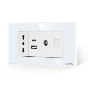 Priza Ingusta + Dubla USB + TV + Internet cu Rama Din Sticla LUXION, Standard Italian, 4M
