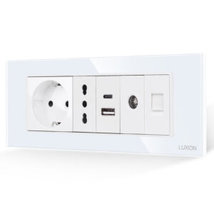 Priza Schuko + Ingusta + Dubla USB + TV + Internet cu Rama Din Sticla LUXION, Standard Italian, 6M