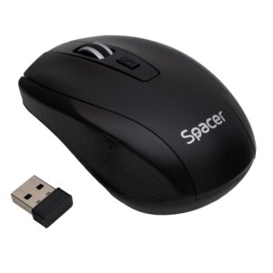 MOUSE Spacer, PC sau NB, wireless, 2.4GHz, optic, max.1600 dpi, butoane/scroll 4/1, rezolutie selectabila, buton ON/OFF, 2 baterii AAA incluse, negru, "SPMO-WS-BK-04"  (timbru verde 0.18 lei)