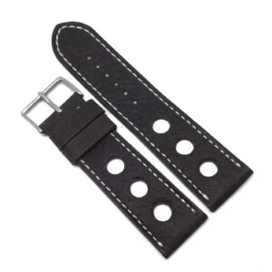 Curea Ceas „Fleurus Paris” – Piele Vițel Neagră, Design Perforat Rally (20mm - 24mm)