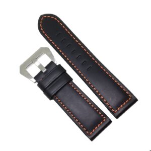 Curea de ceas Neagra din Piele Naturala, cusatura portocalie - 24mm - WZ4016