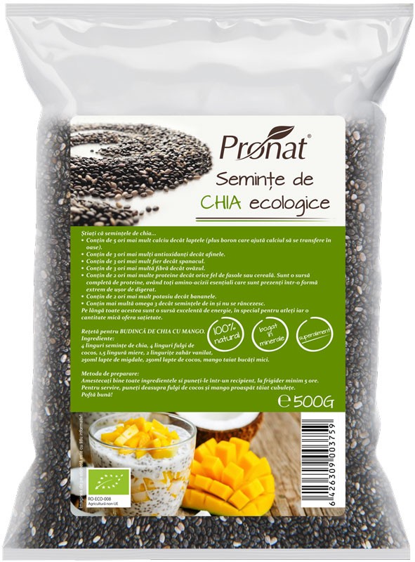 Seminte de chia bio, 500g Pronat