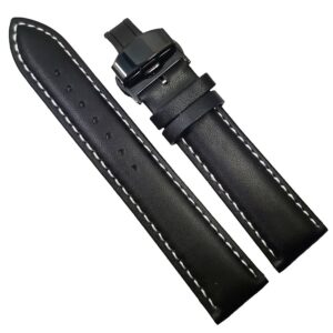 Curea ceas din piele neagra cu cusatura alba + Deployant negru 14mm 16mm 18mm 20mm 22mm 24mm