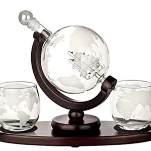 Set Decantor „World Traveler” – Glob Pământesc cu Corabie Interioară, 2 Pahare și Suport Rotativ
