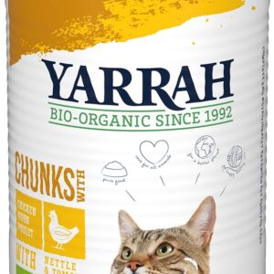 Hrana umeda bio pentru pisici, bucati de pui cu urzica si tomate, 405g Yarrah