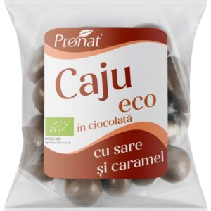 Nuci caju bio glazurate in ciocolata cu lapte cu aroma de caramel sarat 50g Pronat