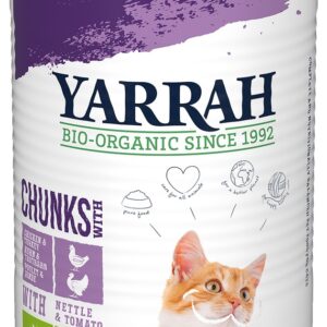 Hrana umeda bio pentru pisici, bucati de pui si curcan cu urzica si tomate, 405g Yarrah