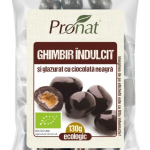 Ghimbir bio indulcit si glazurat cu ciocolata neagra, 130g, Pronat