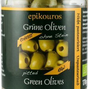 Masline verzi bio, crude, fara samburi, 170g Epikouros