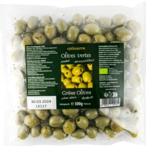 Masline verzi bio, crude, fara samburi, 500g Epikouros