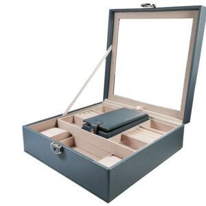 Caseta de bijuterii piele ecologica Crem / Albastra / Roz cu oglinda WZ4783