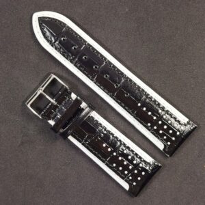 Curea Ceas „Sport Contrast” 2F22 – Piele Naturală Neagră cu Margini Albe (24mm)