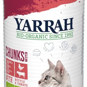 Hrana umeda bio pentru pisici, bucati de pui si vita in sos, 405g Yarrah