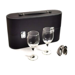 Caseta pentru vin invelita in piele ecologica cu set pahare