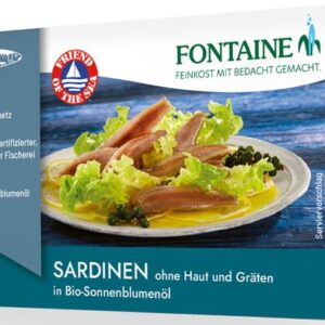 Sardine fara piele si fara oase, in ulei bio de floarea soarelui, 120g Fontaine