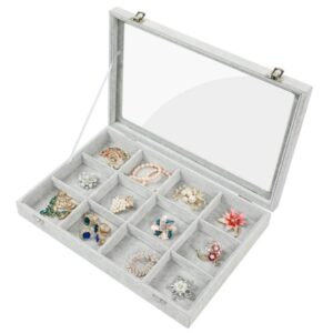 Casetă Gri cu geam pentru prezentare bijuterii - 12 spatii 