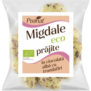 Migdale bio prajite, glazurate in ciocolata alba cu trandafiri, 50g Pronat
