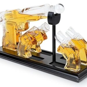 Set Decantor Whisky „Tactical Luxury” – Pușcă din Sticlă Borosilicată (850 ml) cu 4 Pahare „Bullet”