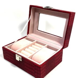 Caseta depozitare ceasuri si inele 3 spatii piele ecologica neagra / rosie