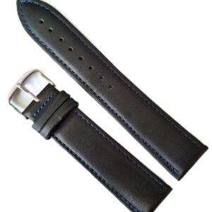 Curea Ceas din Piele Naturală Neagră, cu Cusătură Albastră 20mm 22mm