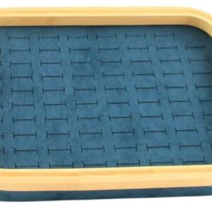 Tavă Prezentare Inele – Lemn cu Catifea Bej / Verde Smarald, 76 Sloturi