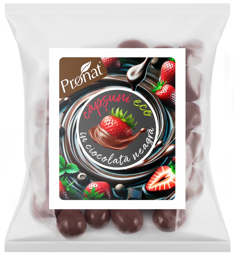 Capsuni bio glazurate in ciocolata neagra, 50g Pronat