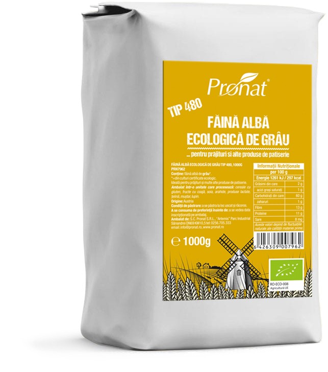 Faina alba de grau bio tip 480, 1kg Pronat