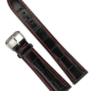 Curea Ceas XL din Piele Naturală Neagră, Dublu Strat cu Interior Negru și Cusătură Roșie Contrastantă (18mm - 22mm)