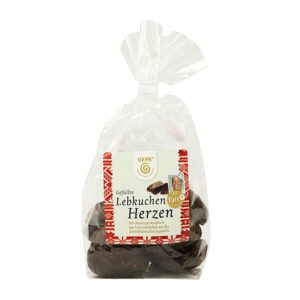 Inimioare umplute din turtă dulce glazurate cu ciocolată neagră, 125g Gepa