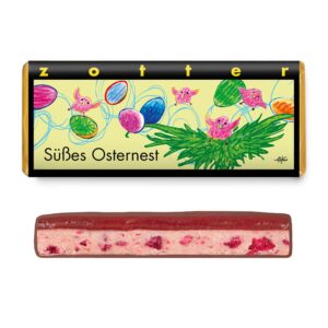 Ciocolată cu lapte bio și fairtrade umplută cu zmeură, caramel și nougat de fructe, Paște fericit, 70 g Zotter