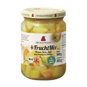 Compot bio mix din 4 fructe, piersici, pere, mere și ananas, 340g Zwergenwiese