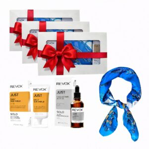 3 x Set Elysa – Ser Revox Hyaluronic Acid 5% 30ml, Crema SPF50 Revox 30ml, Esarfa albastra