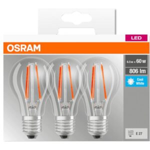 Set 3 becuri LED Osram Base Filament A60, E27, 6.5W (60W), 806 lm, lumina neutra (4000K) 4058075819535