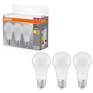 Set 3 becuri LED Base, A60, E27, 8W (60W), 806 lm, lumina calda (2700K), clasa energetica F Osram 4099854046797