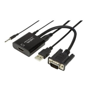 CABLU video LOGILINK,adaptor VGA(T)+Jack 3.5mm(T) la HDMI(M),15cm,rezolutie Full HD(1920x1080)60Hz,conecteaza placa video cu VGA la monitor HDMI,cablu power USB,negru, "CV0060" (timbru verde 0.8 lei)