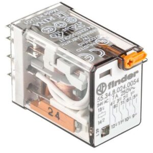 Releu de uz general 7A, buton de test blocabil + LED (C.A.) + indicator mecanic Finder 55.34.8.024.0054