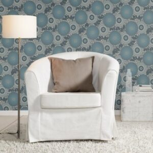 Tapet cu model grafic floral modern in nuante de albastru si auriu pe fundal alb D759051E