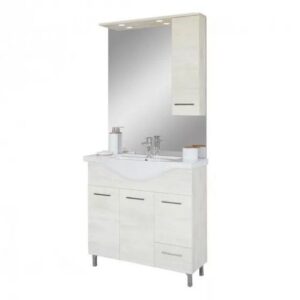 Baza cu 3 usi, 1 sertar, lavoar ceramic cm. 85 si oglinda cu dulapior, rovere bianco