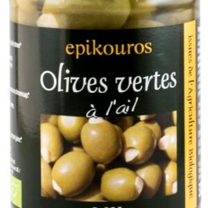 Masline verzi bio umplute cu usturoi in saramura, 320g Epikouros