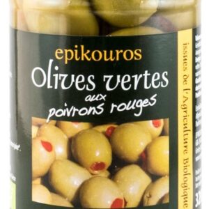 Masline verzi bio umplute cu ardei rosu, in saramura, 320g Epikouros