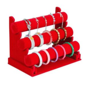 Suport brățări, ceasuri și bijuterii catifea negru, roșu și gri