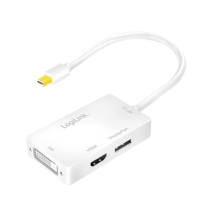CABLU video LOGILINK, adaptor mini DisplayPort (T) 1.2 la HDMI (M) + DVI (M) + DisplayPort (M), 0.15m, rezolutie maxima 4K UHD (3840 x 2160) la 60 Hz, conectori auriti, plastic, triplu ecranaj, alb, "CV0045A" (timbru verde 0.18 lei)