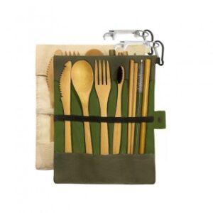 Set cu 2 truse complete de tacamuri ecologice din bambus si gentute textile pentru voiaj (BAM-SET)