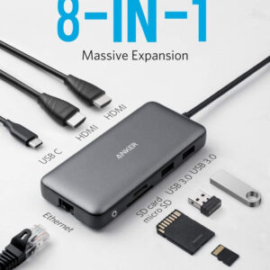 Anker PowerExpand 8-in-1, 100W Power Delivery, USB-C, Dual 4K HDMI, 1 Gbps Ethernet, 2x USB 3.0, microSD