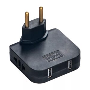 Adaptor Triplu Rotativ 180° cu 2 Prize și 2 Porturi USB Techstar®, 2500W, Negru - Ideal pentru Spatii Inguste