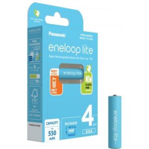 Set 4 acumulatori AAA Panasonic Eneloop BK-4LCCE/4CP(BE) Ni-Mh 1.2V R3 550mAh Lite, Preincarcati