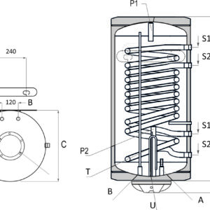 Boiler termoelectric Sunsystem BB NL2 150 PRL 3KW cu doua serpentine 150 litri putere serpentina 15 kw putere electrica 3 KW serpentine pe partea dreapta reglaj extern al temperaturii izolatie termica